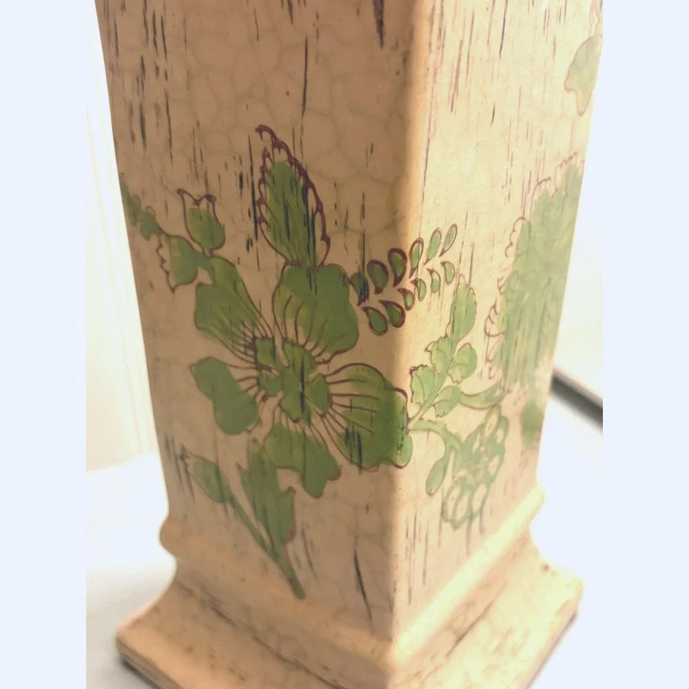 Vintage Style Floral Ceramic Pillar‎ Candle Holder Crackle Glaze Farmhouse 13.5